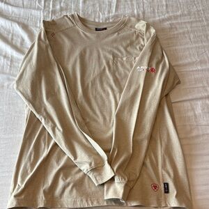 Ariat Men's Long-Sleeve Performance Tee in Khaki with Red Logo Accents